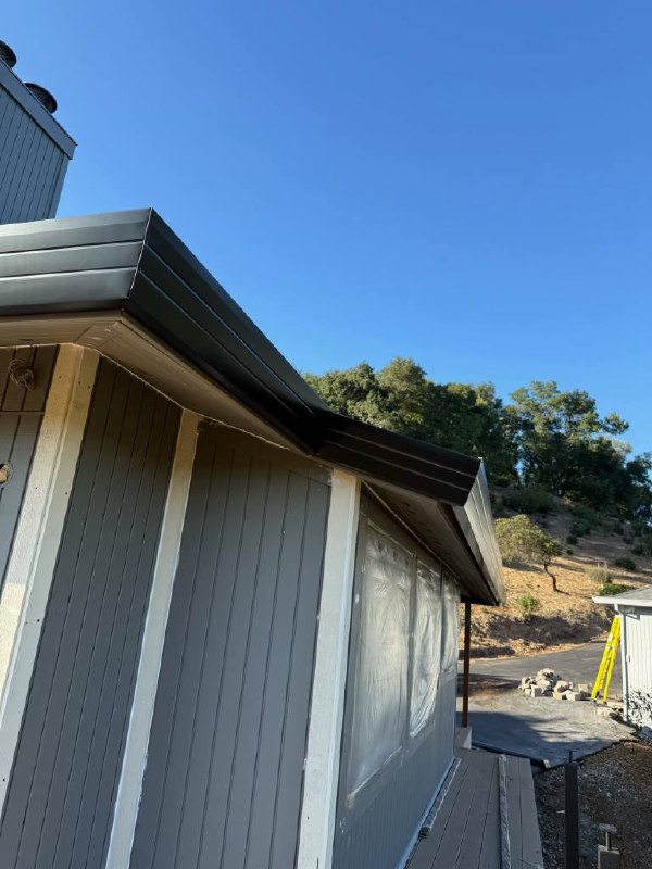 Dark-colored gutter following the roofline of a gray-sided home