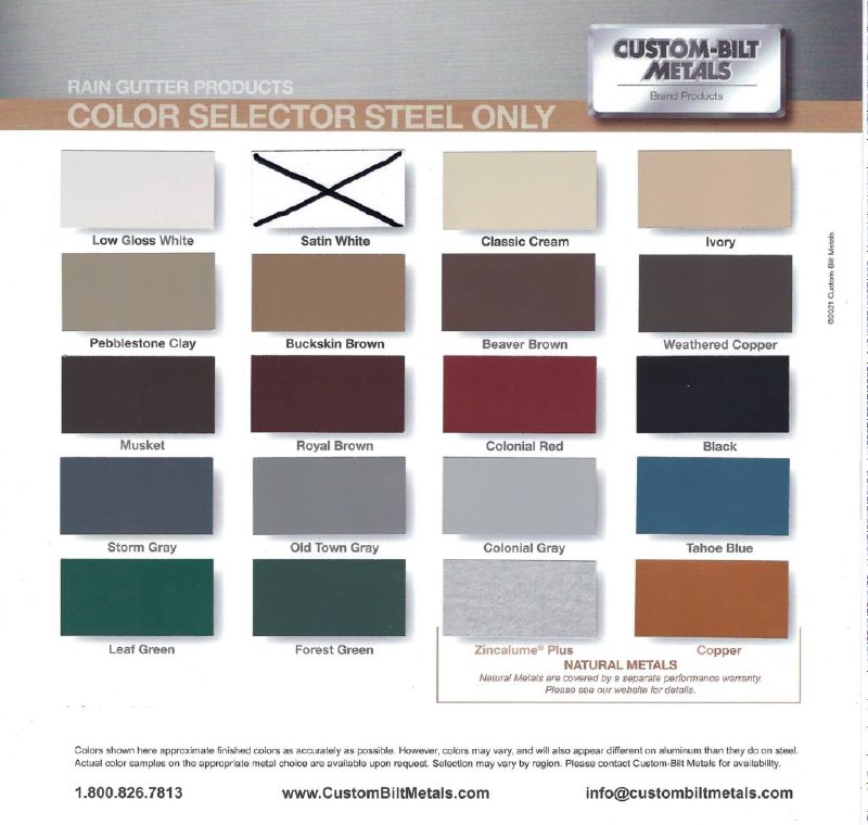 Custom-Bilt Metals steel color selector, supplied photo with Satin White crossed out